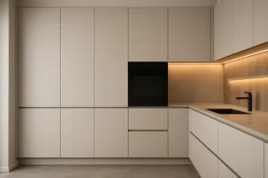 Naadloze kasten met verborgen grepen en slimme indeling voor een tijdloze keuken